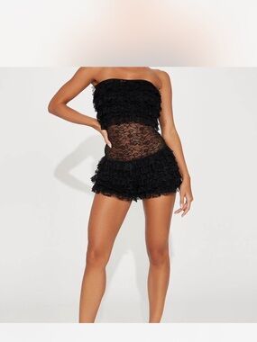 Fashion Nova Black Lace Ruffle Strapless Romper